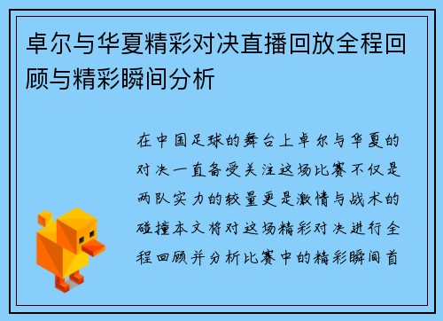 卓尔与华夏精彩对决直播回放全程回顾与精彩瞬间分析