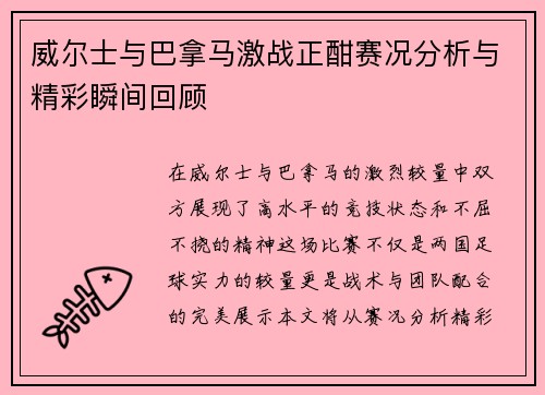 威尔士与巴拿马激战正酣赛况分析与精彩瞬间回顾