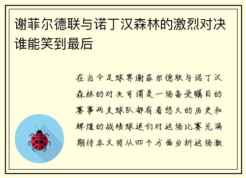 谢菲尔德联与诺丁汉森林的激烈对决谁能笑到最后