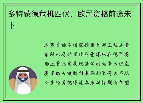 多特蒙德危机四伏，欧冠资格前途未卜