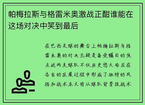 帕梅拉斯与格雷米奥激战正酣谁能在这场对决中笑到最后