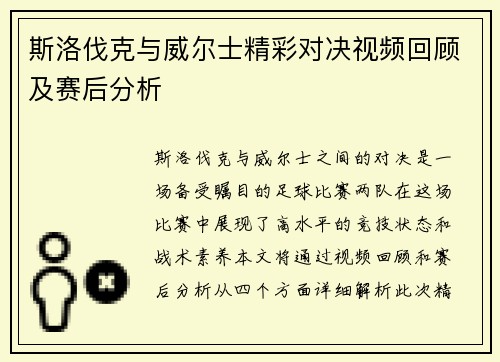 斯洛伐克与威尔士精彩对决视频回顾及赛后分析