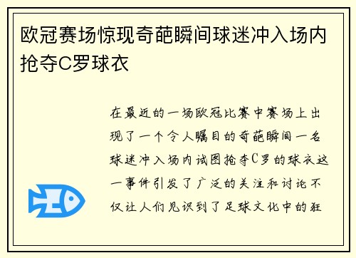 欧冠赛场惊现奇葩瞬间球迷冲入场内抢夺C罗球衣