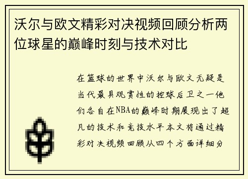 沃尔与欧文精彩对决视频回顾分析两位球星的巅峰时刻与技术对比