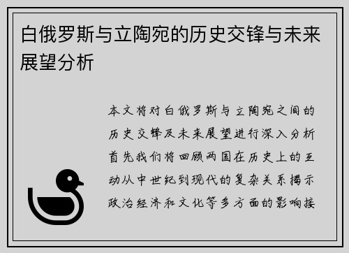 白俄罗斯与立陶宛的历史交锋与未来展望分析