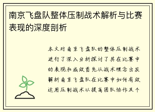 南京飞盘队整体压制战术解析与比赛表现的深度剖析