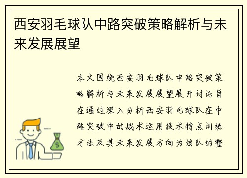 西安羽毛球队中路突破策略解析与未来发展展望
