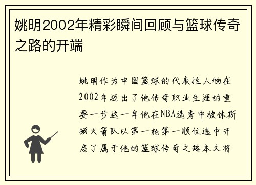姚明2002年精彩瞬间回顾与篮球传奇之路的开端