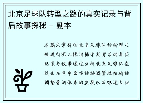 北京足球队转型之路的真实记录与背后故事探秘 - 副本