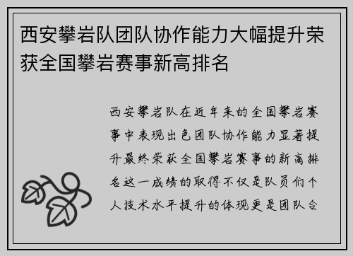 西安攀岩队团队协作能力大幅提升荣获全国攀岩赛事新高排名
